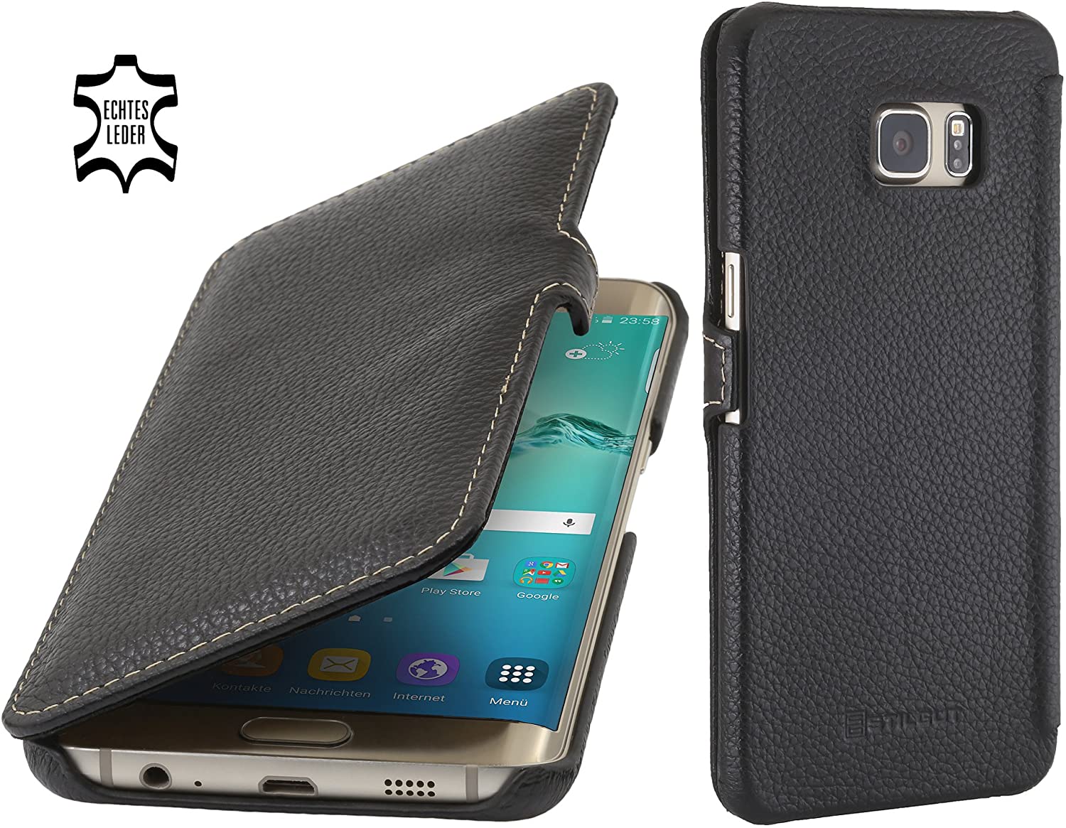StilGut Case Compatible with Galaxy S6 edge+, Book Type Leather Flip Case, Black with Closure
