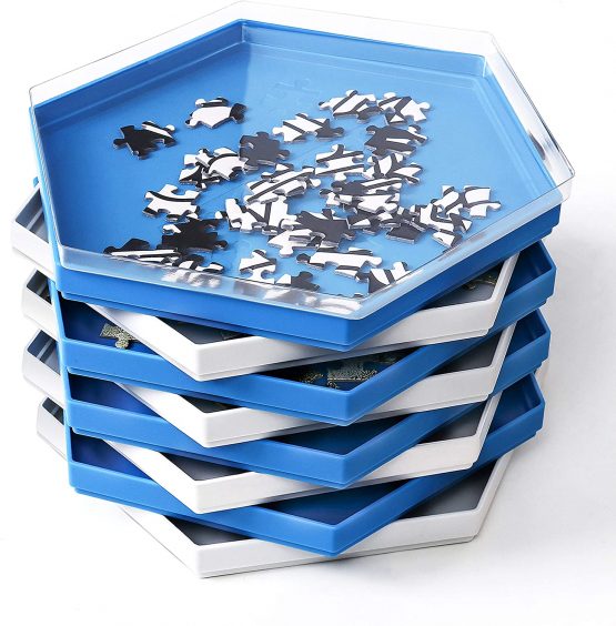 Becko Stackable Puzzle Sorting Trays Jigsaw Puzzle Sorters with Lid Puzzle Accessory for Puzzles Up to 1500 Pieces, 8 Hexagonal Trays (Orange&White)