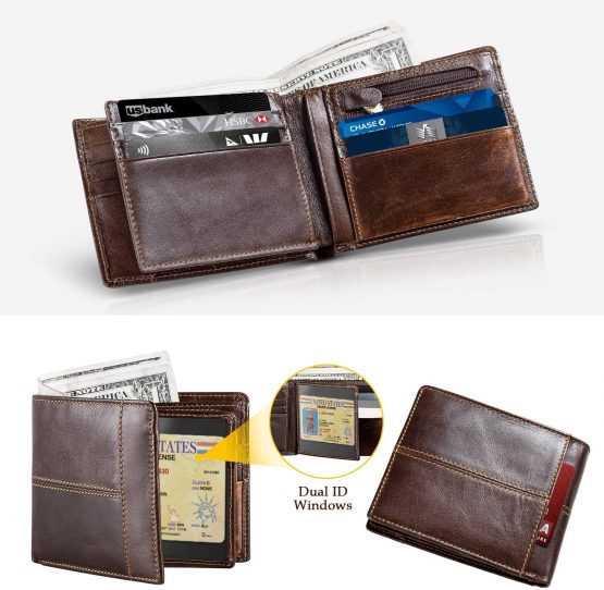 Mens Wallet RFID Genuine Leather Slim Bifold Wallets for Men, ID Window 16 Card Holders Gift Box (Tan, Zipped Pocket) (Brown) - Image 2