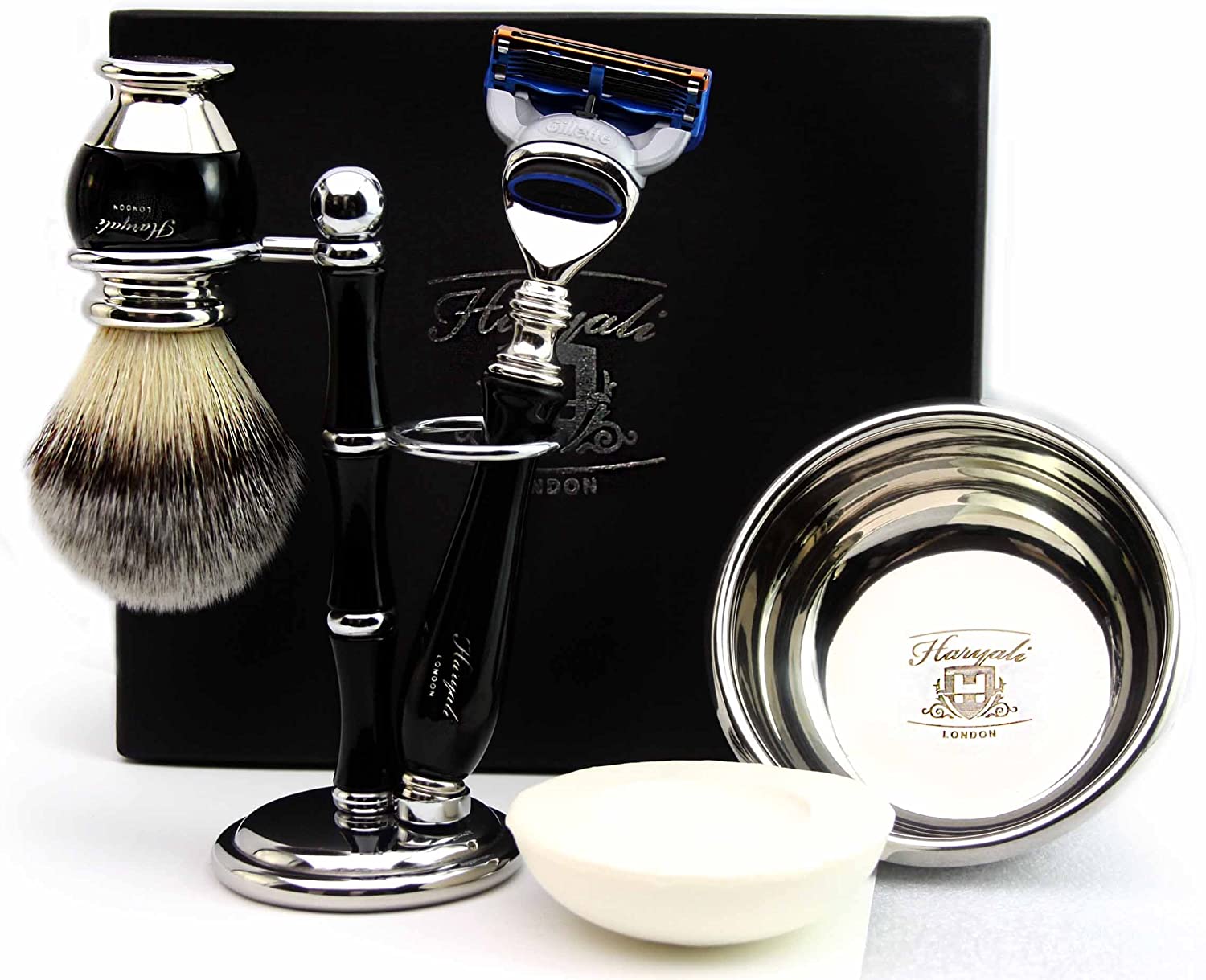 Haryali London Mens 5Pc Shaving Kit 5 Edge Razor with Synthetic Badger Hair Shaving Brush Stand Bowl and Soap Perfect Set for Men