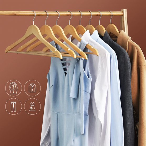 SONGMICS 10 pieces Wooden Clothes Hangers, edges with Non-Slip bar 360 Degree Rotating Hook CRW001-10,Natural,10 - Image 2