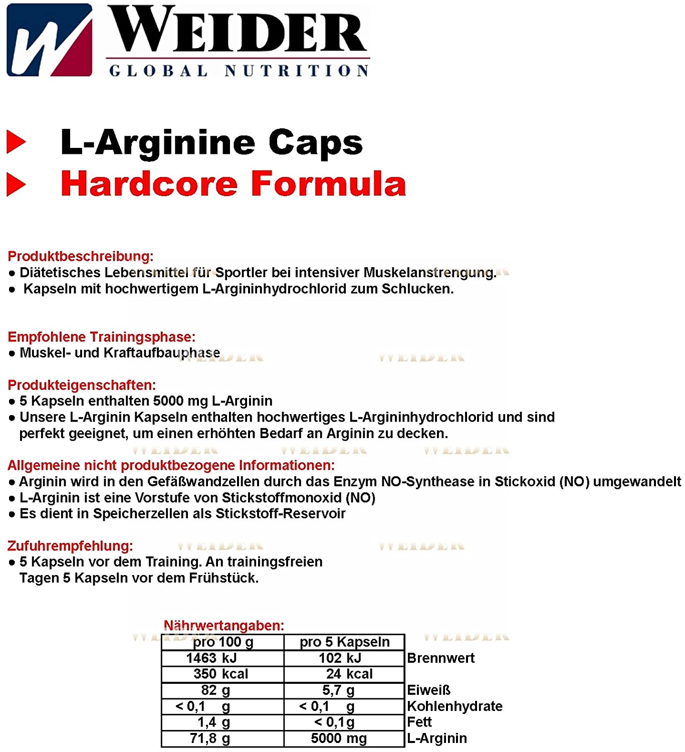 Weider L- Arginine Caps, 100 Capsules, Neutral, 140 g (Pack of 1) - Image 2