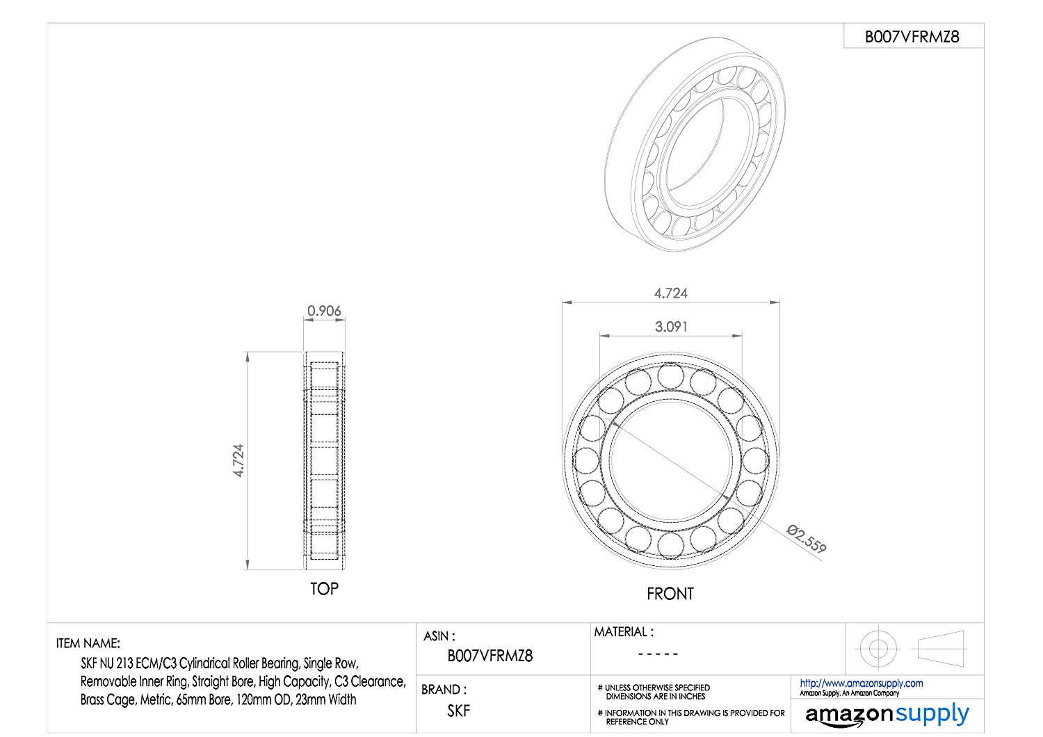 SKF Cylindrical Radial Roller Bearing, 65 ID, Bearing steel, 65 mm bore diameter, 120 mm outside diamter - Image 2