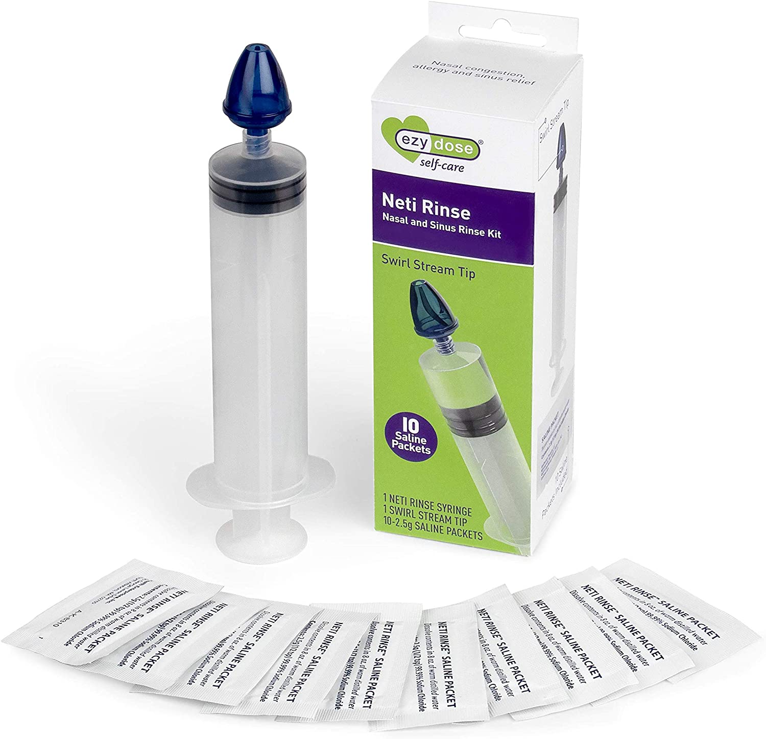 Ezy Dose 400813A Neti Rinse Nasal and Sinus Rinse Kit- Swirl Stream Tip, with 10 Pack of Saline, Clear, 10 Count (Pack of 1)