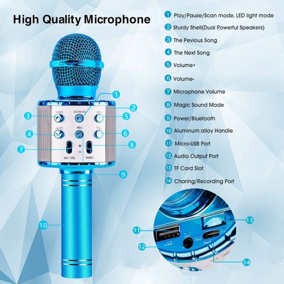 ShinePick Karaoke Bluetooth Microphone, 5 in 1 Recording & Singing Microphone for Kids Adults, Dancing LED Lights Portable Speaker Karaoke Machine, Wireless Microphone for Phone/Pad/TV (Blue) - Image 2