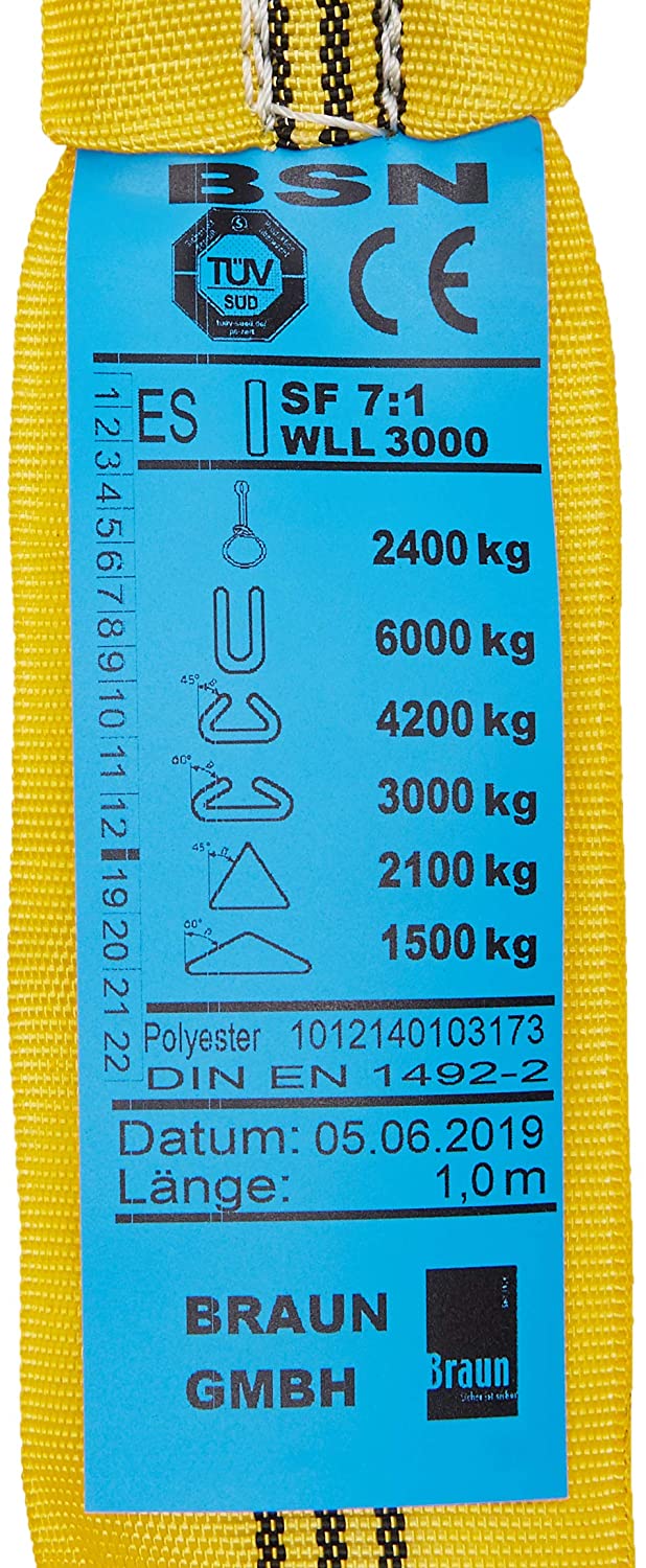 Braun 30021RS Round Sling 3000 kg Load 2 m Length Continuous with Polyester Core Yellow, 2m x 57mm - Image 2