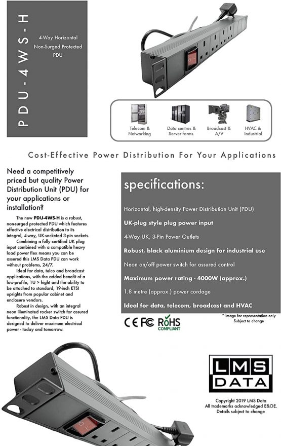 LMS Data 4 Way 13a Switched PDU For Server Cabinets And Data Centers. UK Plug input Rackmount, 1.8M Cable. for Horizontal Placement in Data or Server Enclosures - Image 2