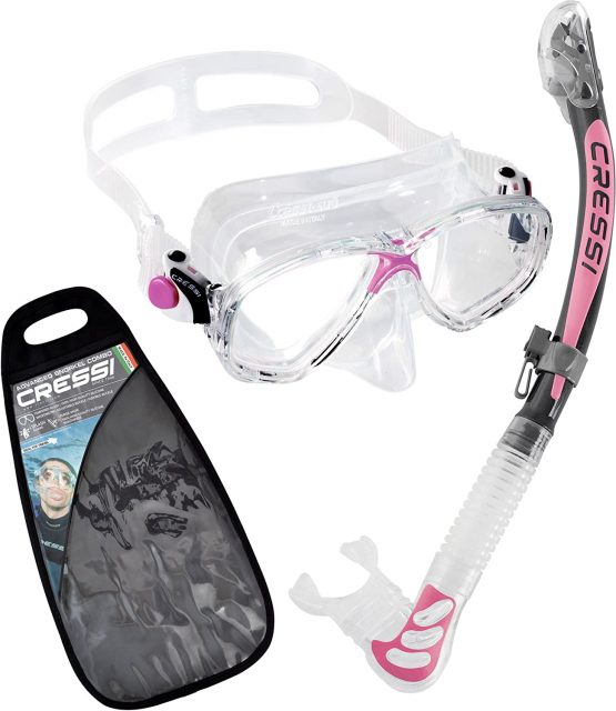Cressi Marea Ultra Dry Combo Snorkelling Freediving Set - Made in Italy, Clear/Pink
