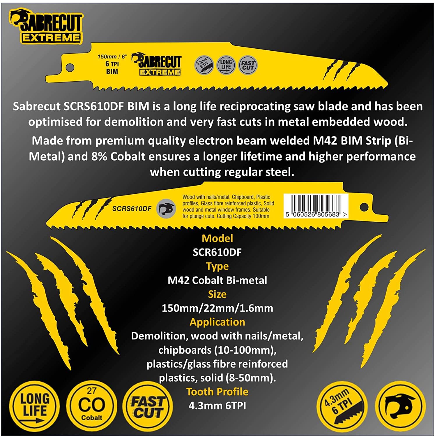 10 x SabreCut SCRS610DF_10 150mm 6 TPI S610DF Fast Wood and Metal Cutting Reciprocating Sabre Saw Blades, Silver - Image 3