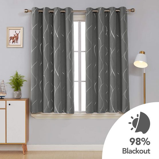 Deconovo Blackout Curtains, Home Decoration Thermal Insulated Curtains, Wave Foil Printed Ring Top Curtains for Girls Bedroom, 46 x 54 Inch(Width x Length), Light grey, 2 panels - Image 2