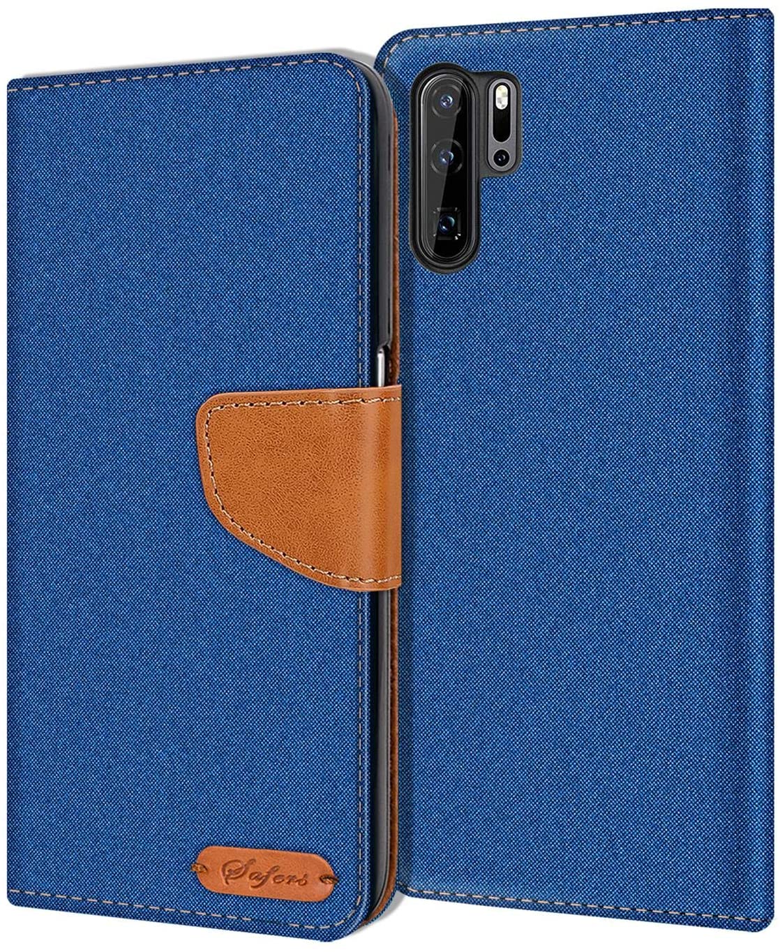 Verco Phone Wallet Case compatible with the Huawei P30, Canvas Faux Leather Book Cover for the P30 Flip Case Bag Hinged - Blue