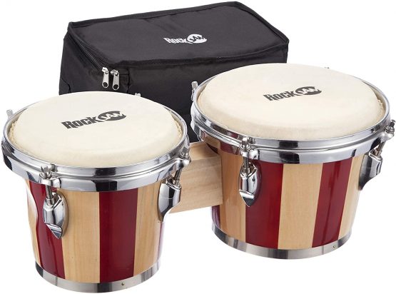 RockJam RJ-100301 7" and 8" Bongo Set with Padded Bag and Tuning Wrench Red and Natural Stripe