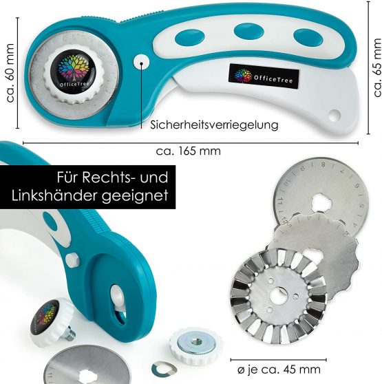 OfficeTree Rotary Cutter - Material Cutter for Easy Cutting of Materials and Paper Precisely to Size - Handle Ergonomic Lock Button - 3 Blades - Ø 45mm - Image 3