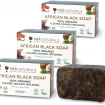PraNaturals 100% Organic Raw African Black Soap 3x 200g, Ethically Sourced and Handcrafted in Ghana, For All Skin Types, Detoxifying and Anti-Ageing All Pure Natural Lotion, Vegan, Unprocessed