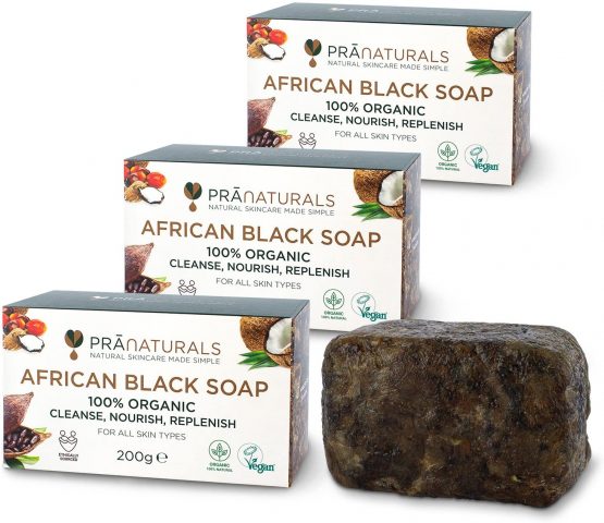 PraNaturals 100% Organic Raw African Black Soap 3x 200g, Ethically Sourced and Handcrafted in Ghana, For All Skin Types, Detoxifying and Anti-Ageing All Pure Natural Lotion, Vegan, Unprocessed