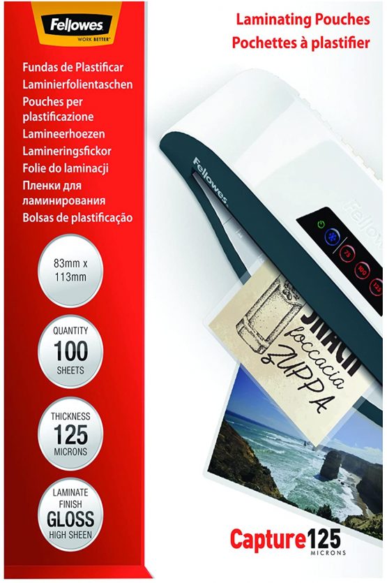 Fellowes Capture 83x113mm 125 Micron Glossy Laminating Pouches (Pack of 100)