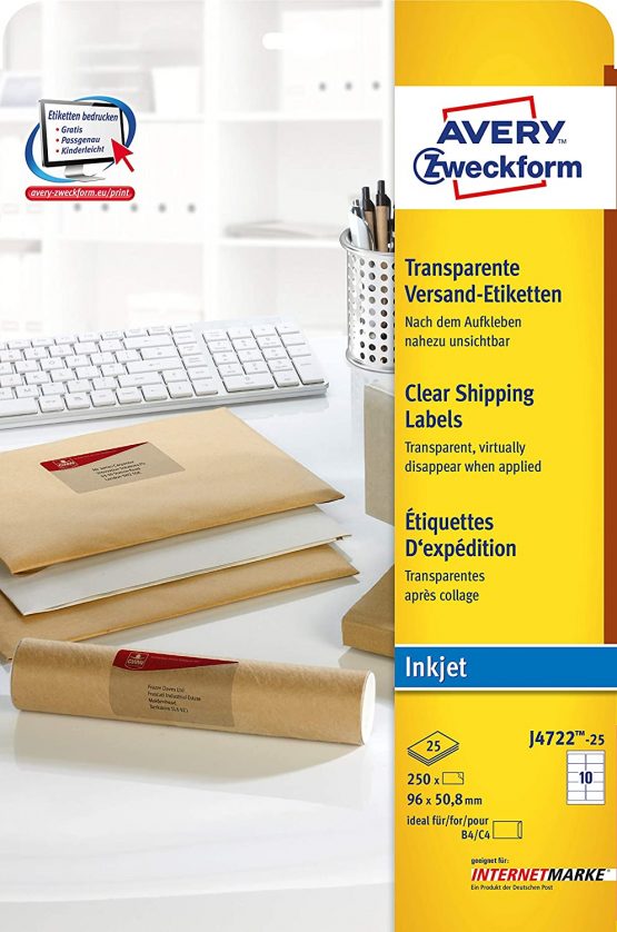 Avery Zweckform J4722-25 Labels, 96 x 50.8 mm, 25 Sheets, 250 Labels, Transparent - Image 3