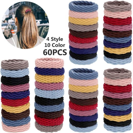 60 Pieces Seamless Cotton Hair Ties Thick Elastic Hair Ties Ponytail Holders No Crease Hair Bands for Women Girls, 4 Styles (Mixed Color)