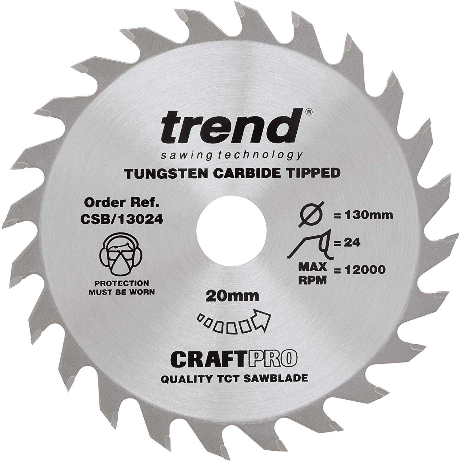 Trend Wood Circular Saw Blade, 130mm Diameter, 20mm Bore, 24 Teeth, 2.4mm Kerf, +15° Hook, TCT, Medium Finish, CSB/13024