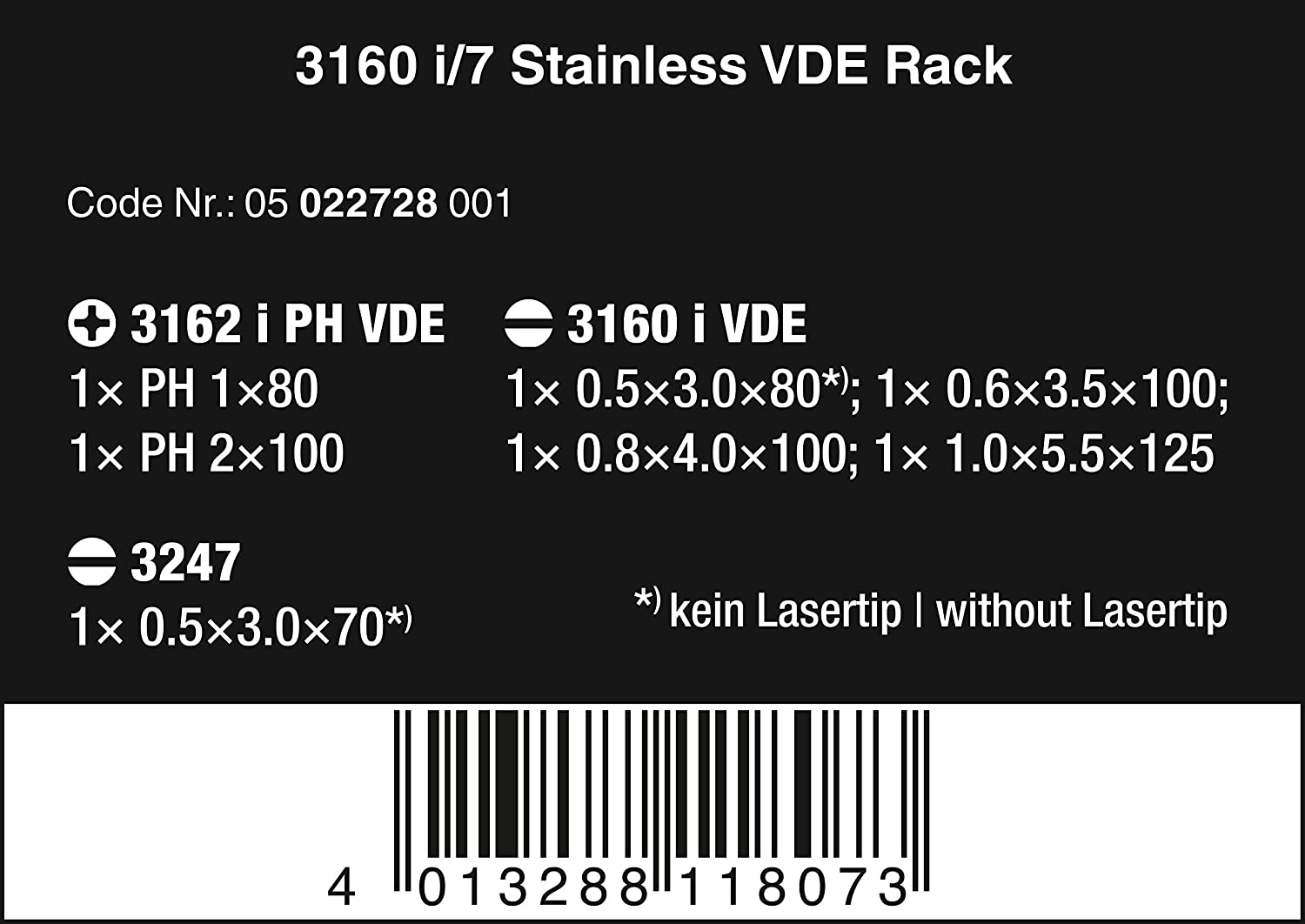 Wera 3160 i/7 Kraftform VDE Stainless Steel Lasertip screwdriver set, PH/SL, 7pc, 05022728001, Silver - Image 2