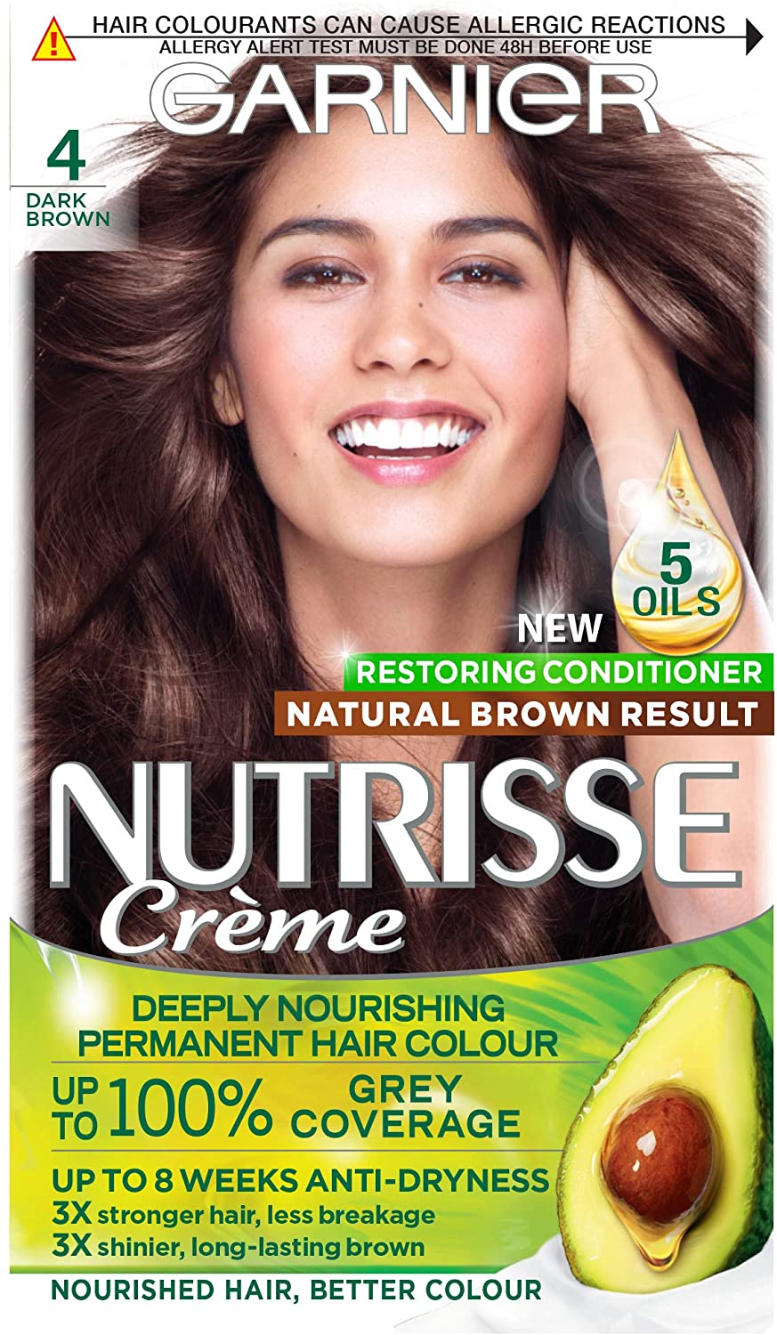 Garnier Nutrisse Permanent Hair Dye, Natural-looking, hair colour result, For All Hair Types, 4 Dark Brown