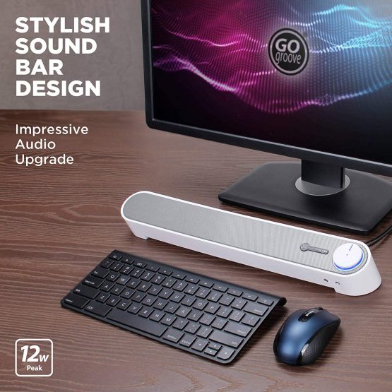 GOgroove Computer Speaker USB Soundbar - USB Powered Mini PC Sound Bar with Easy Setup Wired AUX, Stereo Audio, Microphone Port, Volume Control Knob, Under Monitor Design for Desktop (Blackout) - Image 2
