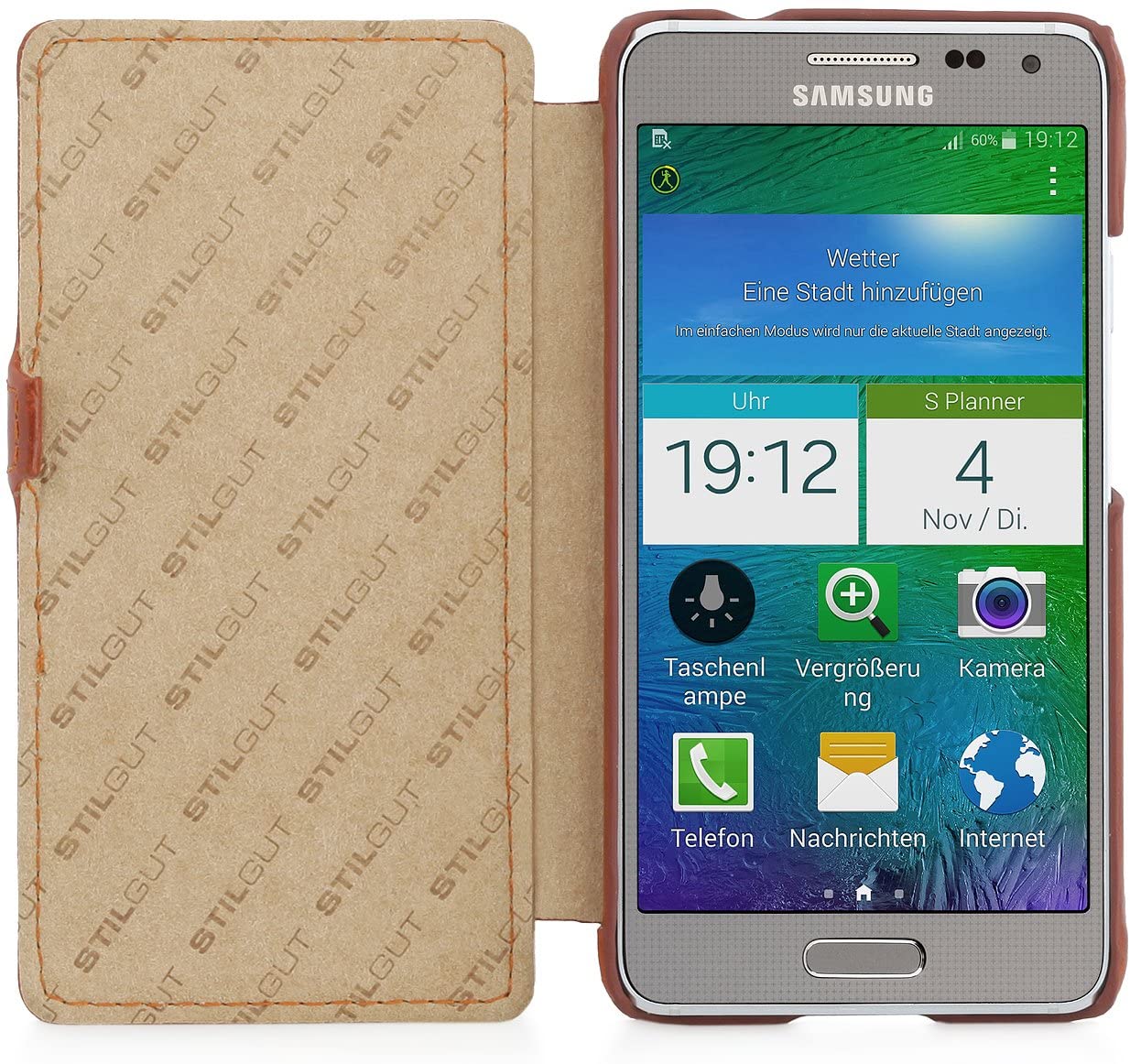 StilGut® Book Type, Leather Case for Samsung Galaxy Alpha Cognac Brown with Clip - Image 2