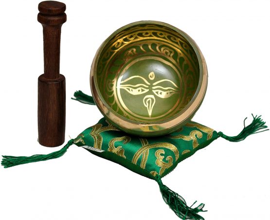 Tibetan Singing Bowl Set By Dharma Store - With Traditional Design Tibetan Buddhist Prayer Flag - Handmade in Nepal (Green) - Image 2