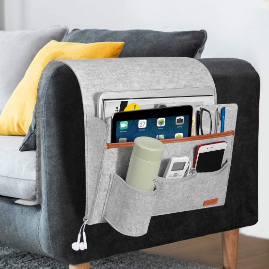 Simboom Felt Bed Pocket Anti-slip Hanging Storage Organizer with Water Bottle Holder for Home Bed Rails, Sofa, Bunk Beds - Dark Grey
