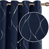 Deconovo Eyelet Curtains, Blackout Curtains, Home Decoration Thermal Insulated Wave Foil Printed Material Curtains for Bedroom Windows, Inch(Width x Length), Navy Blue, one pair