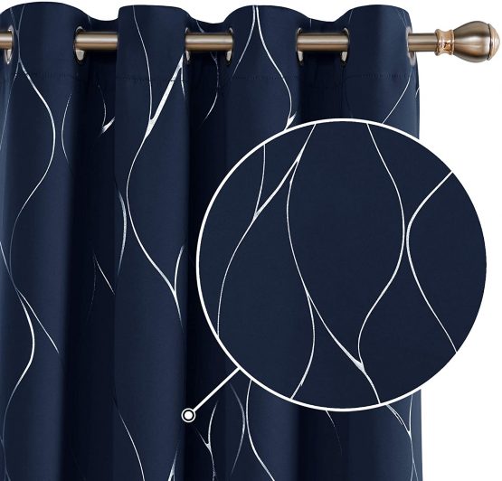 Deconovo Eyelet Curtains, Blackout Curtains, Home Decoration Thermal Insulated Wave Foil Printed Material Curtains for Bedroom Windows, Inch(Width x Length), Navy Blue, one pair