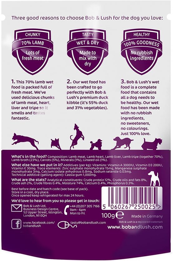 Bob & Lush Luscious 70% Lamb Wet. Super Tasty with 100% Fresh Meat for Discerning Dogs … (Luscious Lamb without Gravy, 20 x 100g Pouches) - Image 3