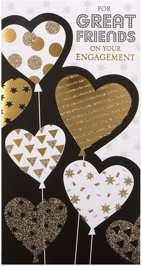 Friends Engagement Congratulations Card from Hallmark - Black and Gold Heart Balloons Design