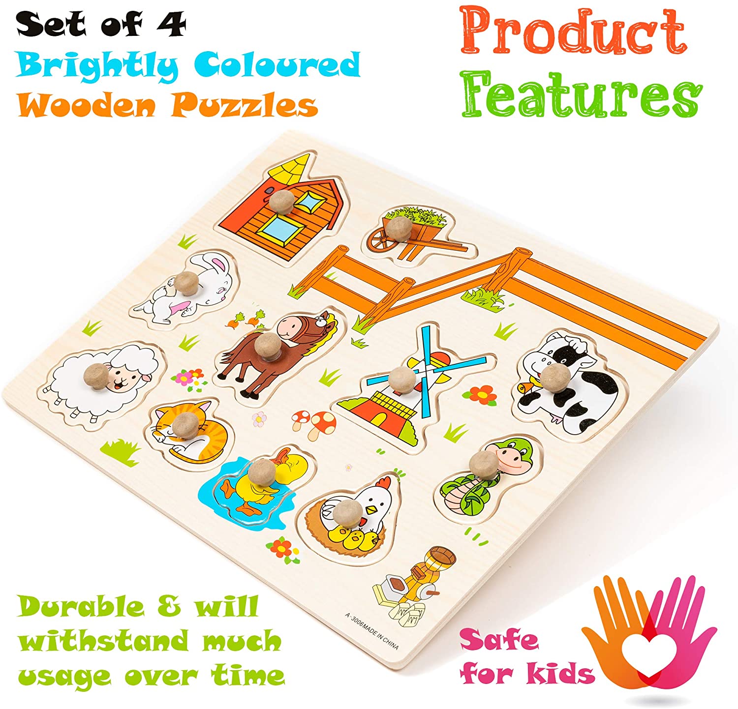 THE TWIDDLERS 4 Bright Wooden Puzzles for Kids Childrens Animal Peg Board - Image 3