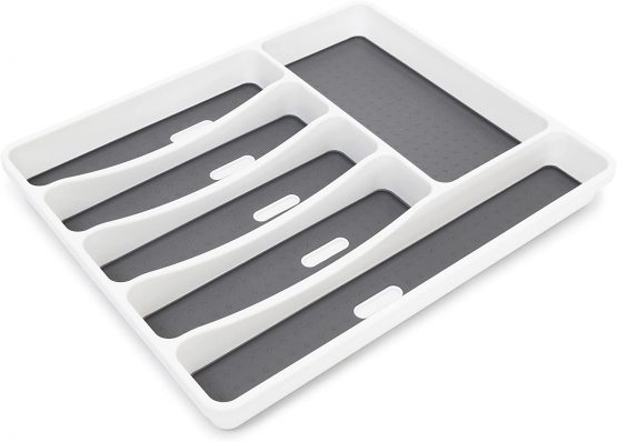 Relaxdays Cutlery Drawer Synthetic With 6 Compartments: 5 x 32.5 x 40.5 cm Silverware Utensil Storage With Rubber Bottom, Anti-Slip Drawer Organiser, White-Grey