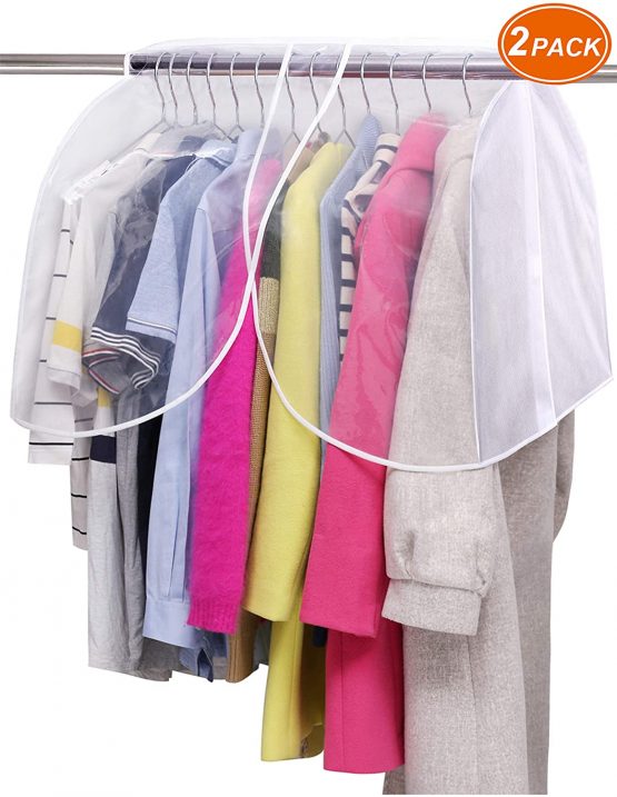 MISSLO Garment Rack with Cover for Clothes Hanging Wardrobe Storage with Clear PVC Windows Hanging Rail Cover Dustproof Coats Suits Jackets Shoulder Protectors, 2 Pack, White