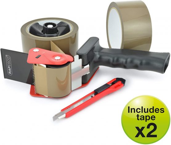 Rapesco 1556 960 Tape Dispenser with 2 Brown Packing Tapes & Knife