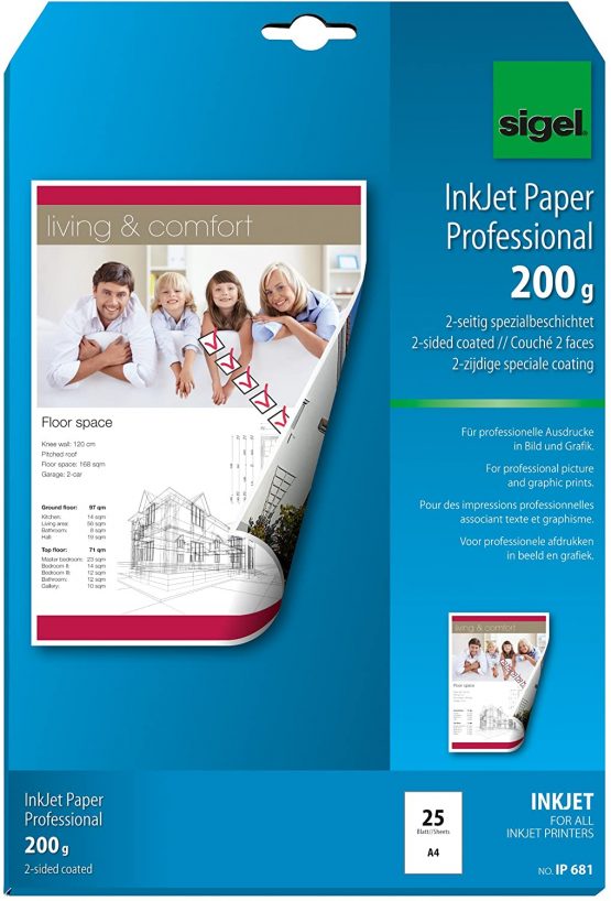SIGEL IP681 InkJet Paper, two-sided coated, white, for double-sided printouts, 200 gsm, A4, 25 sheets