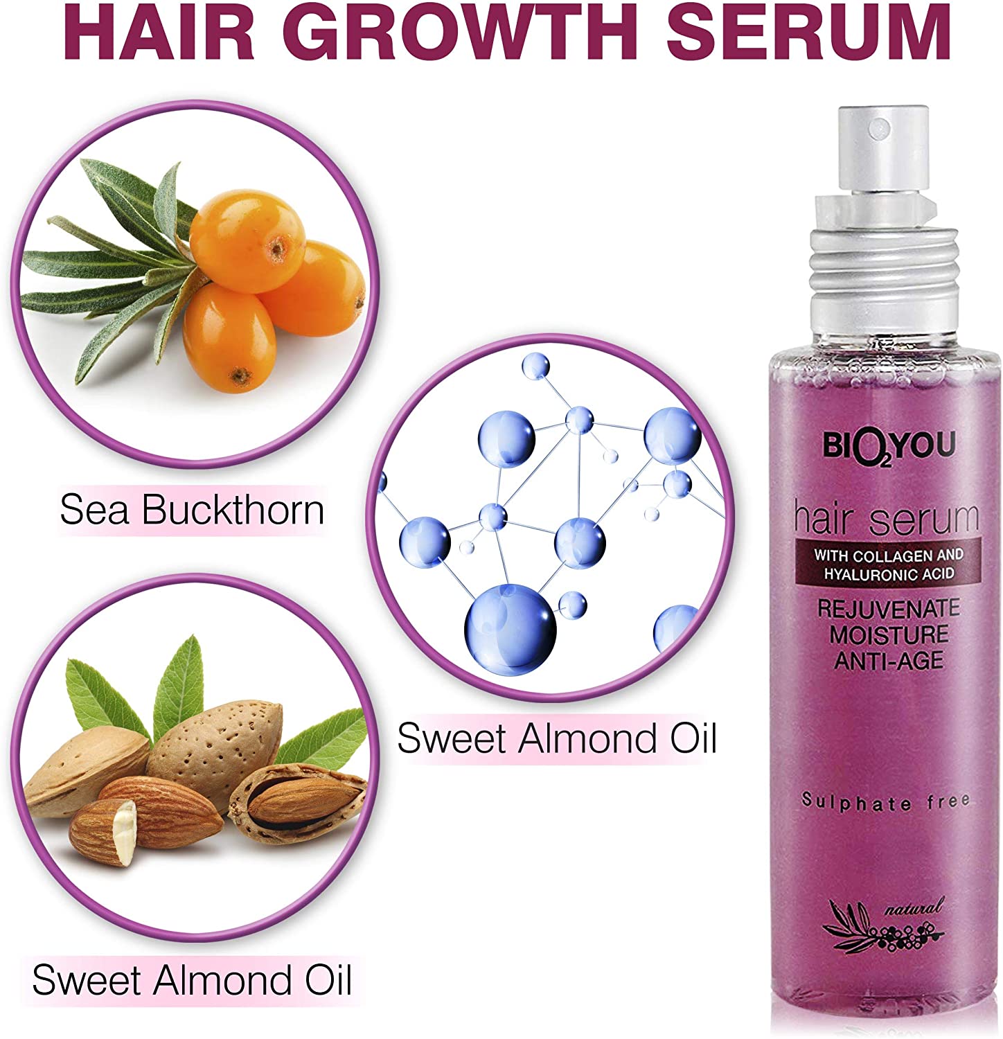 Natural Hair Growth Serum with Hyaluronic Acid Sea Buckthorn Sweet Almond Oil and Collagen for