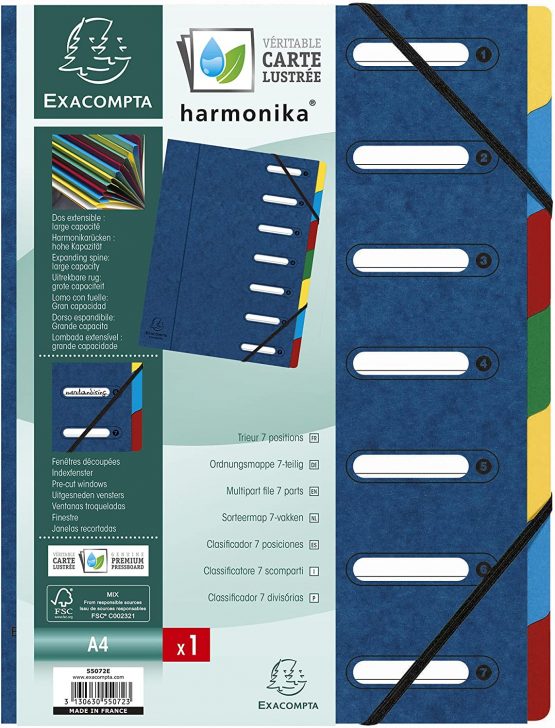 Exacompta Ref - 55072E Harmonika Multipart File, 24.5x32cm for A4 Sized Documents, 7 Tabbed Sections, Expandable Spine, Premium Pressboard Cover in Blue with Multi-Coloured Tabs