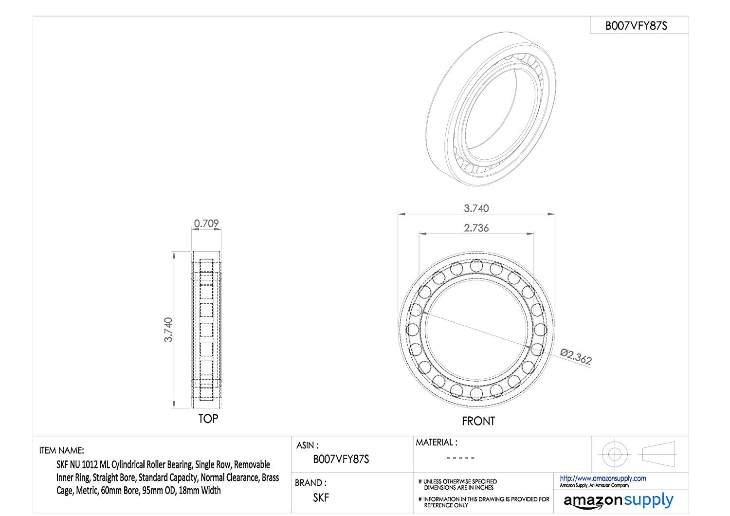 SKF Cylindrical Radial Roller Bearing, 60 ID, Bearing steel - Image 3