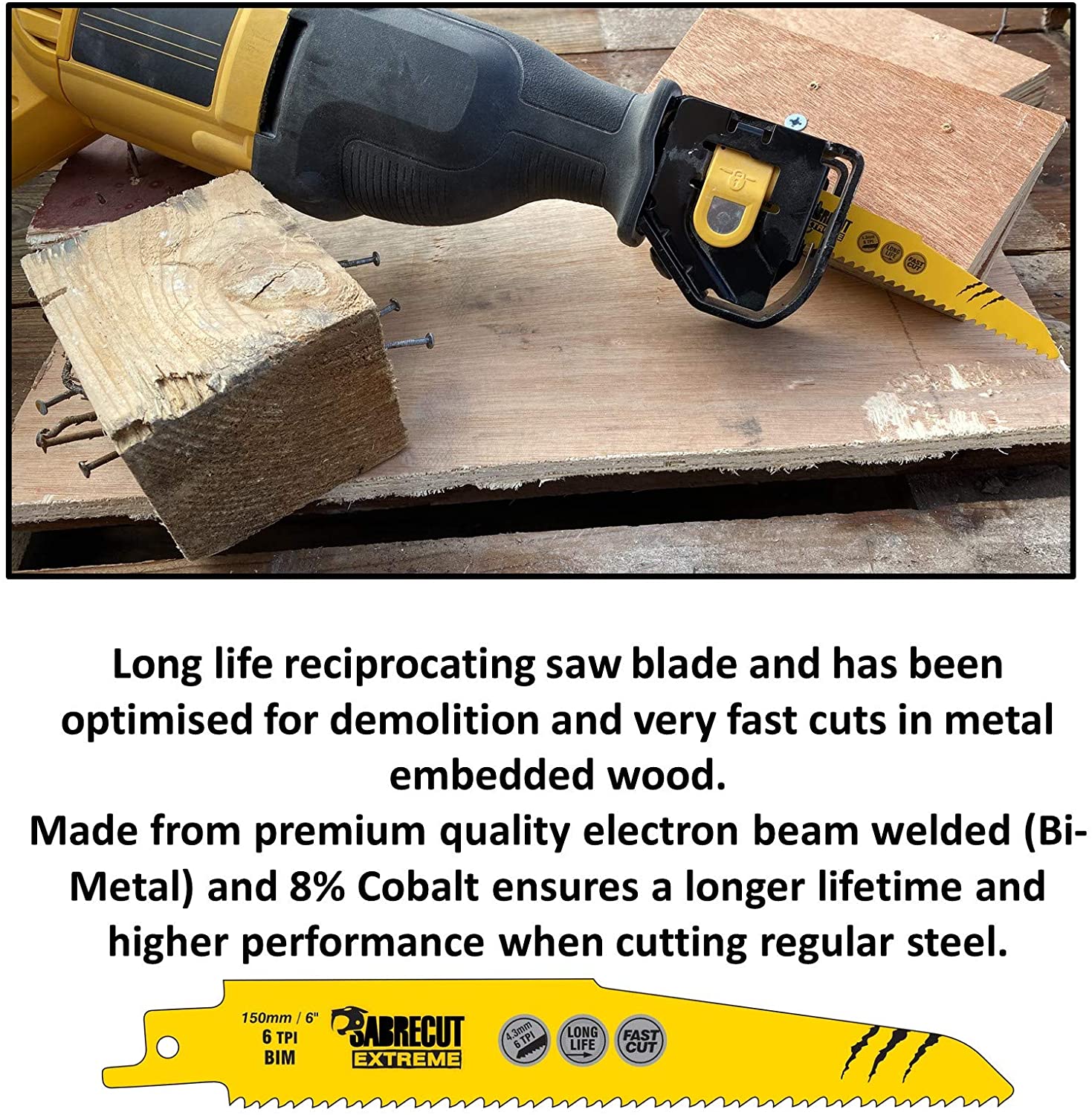 10 x SabreCut SCRS610DF_10 150mm 6 TPI S610DF Fast Wood and Metal Cutting Reciprocating Sabre Saw Blades, Silver - Image 2