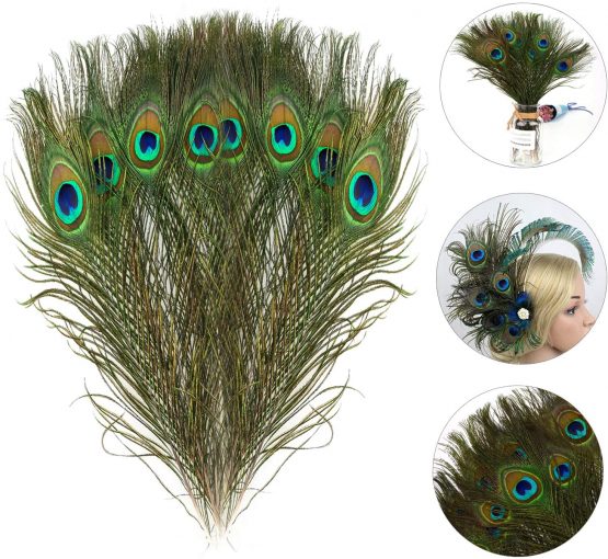 Mwoot 15pcs Natural Peacock Eye Feathers, Screen Green Tail Eye Feathers for DIY Craft,Costume,Wedding Holiday Party Decoration 11.02-12.6inch (28-32CM)