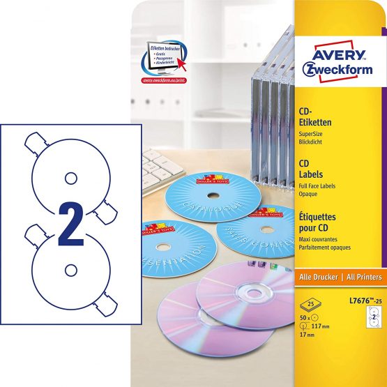 Avery Zweckform L7676 25 A4 Pack of 50 CD Labels Diameter 117 mm 25 Sheets White