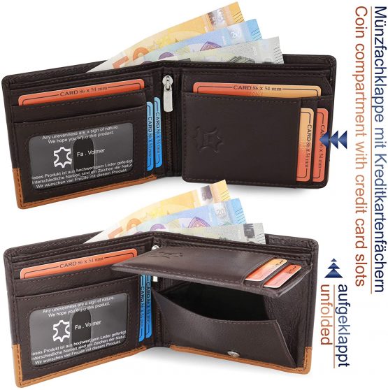 Faer ® Manhattan Series #MW114 Leather Wallet Landscape Format with RFID Protection Slim-Design (Dark Brown/Beige) - Image 4