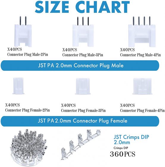 CQRobot 600 Pieces 2.0mm JST-PA JST Connector Kit. 2.0mm Pitch Female Pin Header, JST PA - 2/3/4 Pin Housing JST Adapter Cable Connector Socket Male and Female, Crimp DIP Kit. - Image 2
