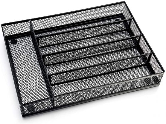 Cutlery Tray, HaWare Cutlery Organizer, Non-Silp 5 Compartments Utensil Drawer Storage, Kitchen/Office, Steel Mesh Silverware Drawer/Holder/Divider, 31.8x23.7x5cm, Rust-Free, Black