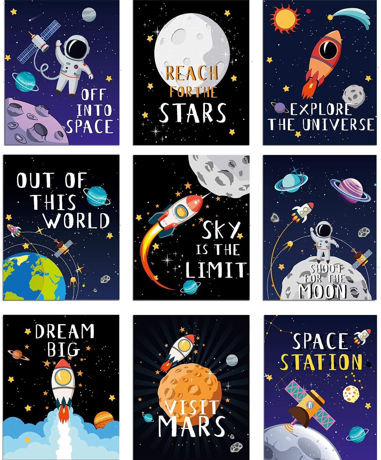 Blulu 9 Pieces Outer Space Decor for Kids Room Boy Bedroom Space Posters 8 x 10 Inch Cute Inspirational Art Decoration for Boys and Girls Playroom Nursery