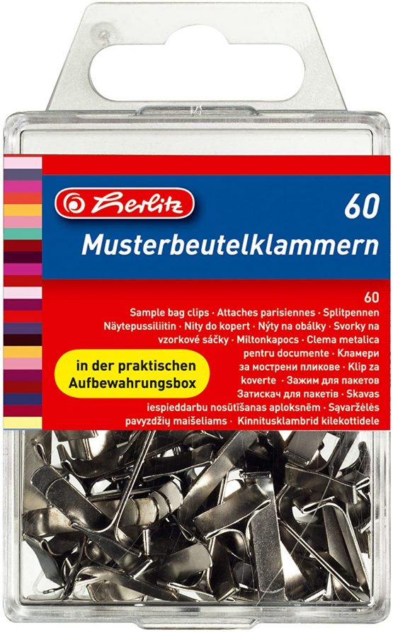 Herlitz Sample Bag Clip, Flat Top, 60 Pieces in Hanging Box, Metal 60 Stück Silver