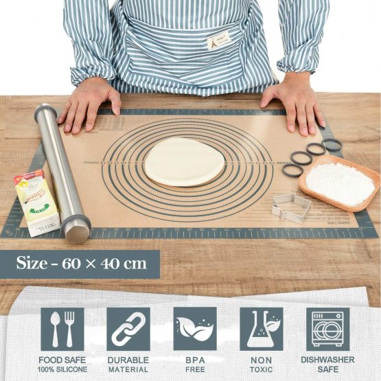 Silicone Baking Mat Sheet Non-Slip Pastry Mat with Measurement 40 × 60 cm, Non-Stick Dough Kneading Board Mat with Scraper, Extra Large Pastry Rolling Mat, Fondant Mat (Grey) - Image 2